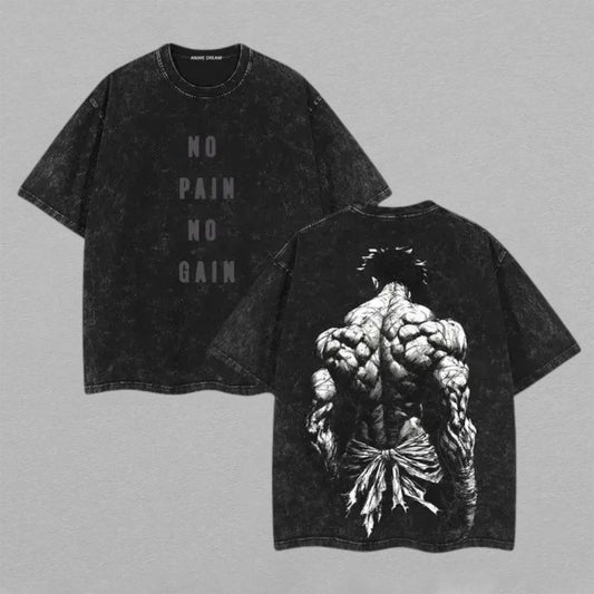 Baki Hanma Gym Shirt Washed Oversized T-shirt No Pain No Gain Muscular Back Print Vintage Heavyweight Cotton Anime Graphic Tee Streetwear Gift for Fans