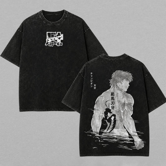 Baki Hanma Ver3 Baki Hanma vs Kengan Ashura Gym Shirt Washed Oversized T-shirt Manga Sketch Shadow Fighter Back Print Vintage Heavyweight Cotton Anime Graphic Tee Streetwear Gift for Fans