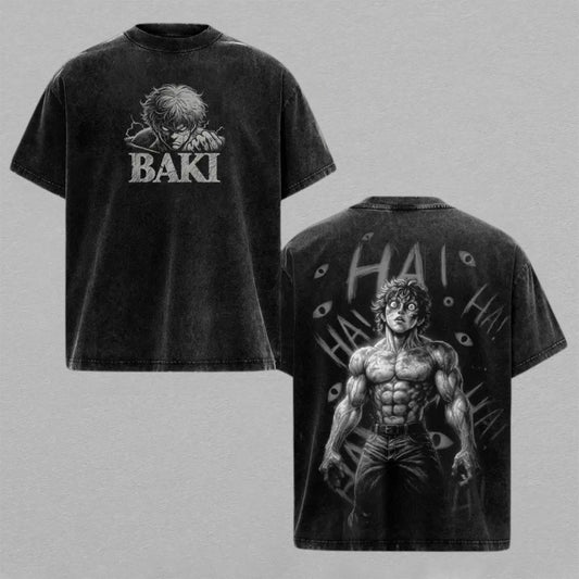 Baki Hanma Washed Oversized T-shirt Black White Muscular Fighter Back Print Vintage Heavyweight Cotton Anime Graphic Tee Streetwear Gift for Fans