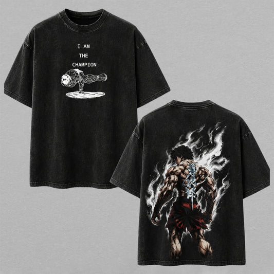 Baki Hanma Washed Oversized T-shirt I Am The Champion Muscular Fighter Back Print Vintage Heavyweight Cotton Anime Graphic Tee Streetwear Gift for Fans