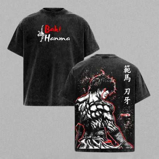 Baki Hanma Washed Oversized T-shirt Muscular Fighter Back Print Vintage Heavyweight Cotton Anime Graphic Tee Streetwear Gift for Fans
