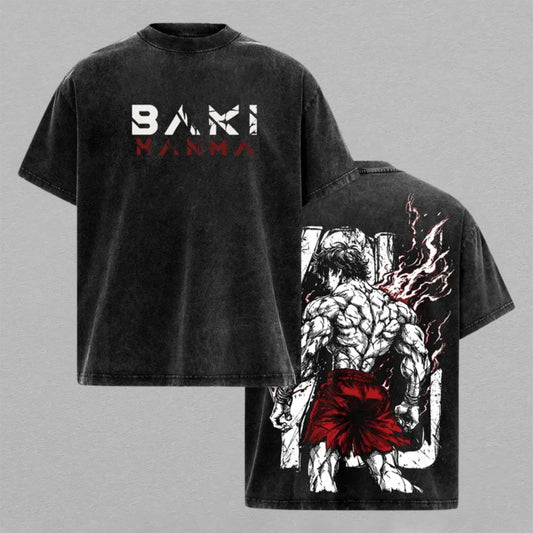 Baki Hanma Washed Oversized T-shirt Red Shorts Muscular Fighter Back Print Vintage Heavyweight Cotton Anime Graphic Tee Streetwear Gift for Fans