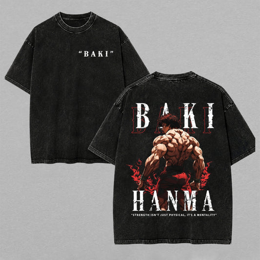 Baki Hanma Washed Oversized T-shirt Strength Mentality Muscular Back Print Vintage Heavyweight Cotton Anime Graphic Tee Streetwear Gift for Fans