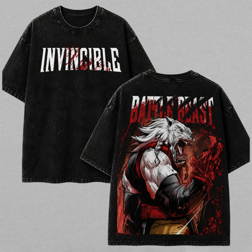 Battle Beast Invincible Savage Wolf Warrior Washed T-shirt Limited Retro Vintage Oversized Streetwear Comic Graphic Tee Gift for Fans