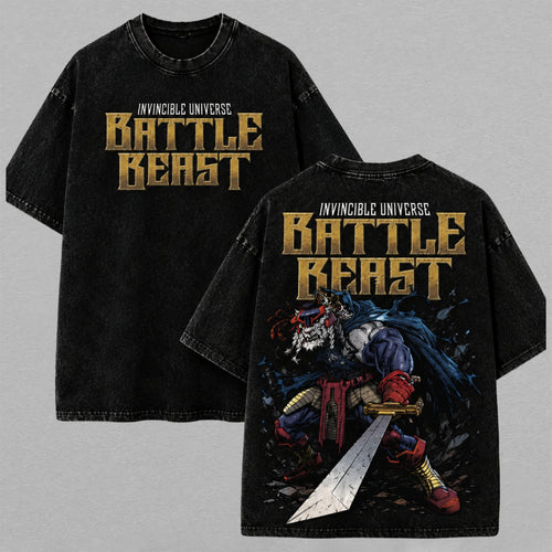 Battle Beast Invincible Universe Sword Warrior Washed T-shirt Limited Retro Vintage Oversized Streetwear Comic Graphic Tee Gift for Fans