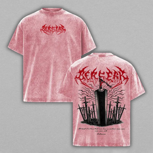 Berserk Washed Oversized T-shirt Pink Dragon Slayer Sword Graveyard Back Print Vintage Heavyweight Cotton Anime Graphic Tee Streetwear Gift for Fans