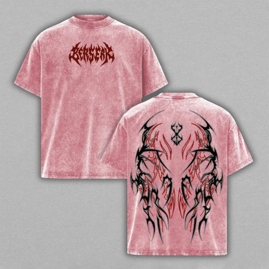 Berserk Washed Oversized T-shirt Pink Tribal Brand of Sacrifice Back Print Vintage Heavyweight Cotton Anime Graphic Tee Streetwear Gift for Fans