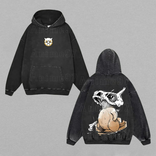 Cubone Pokémon Skull & Bone | Double-Sided Retro Vintage Washed Hoodie | Limited Edition Streetwear