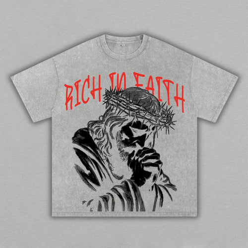 Rich In Faith Jesus Praying Hands Retro Vintage Washed T-Shirt Limited Oversized Streetwear Christian Graphic Tee Gift for Believers