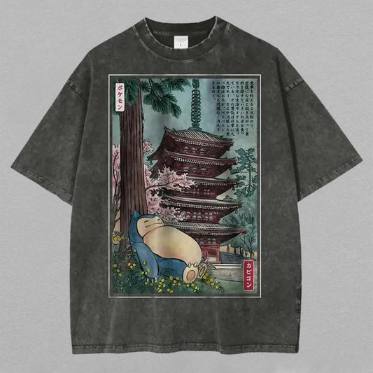 Snorlax Pokémon Japanese Ukiyo-e Pagoda | Retro Vintage Washed T-Shirt | Limited Edition Oversized Streetwear
