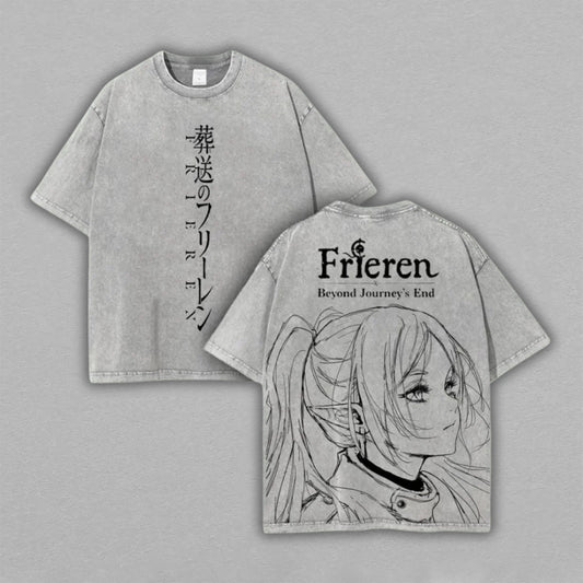 Frieren Beyond Journey's End Elf Mage | Retro Vintage Washed T-Shirt | Limited Edition Oversized Streetwear
