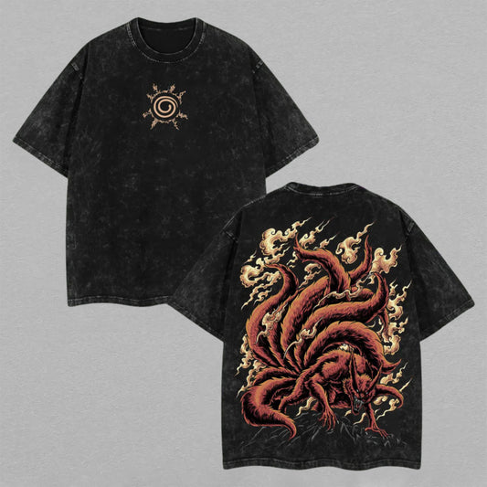 Kurama Nine-Tails Fox Naruto | Retro Vintage Washed T-Shirt | Limited Edition Oversized Streetwear