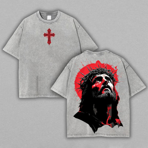 Jesus Christ Crown of Thorns Art Christian Retro Vintage Washed T-Shirt Limited Oversized Streetwear Religious Graphic Tee Gift for Believers