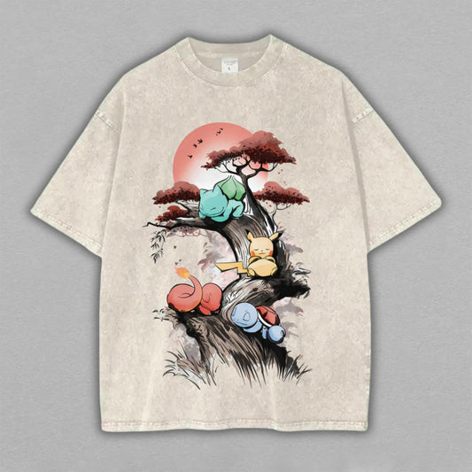 Pikachu Trio Pokémon Japanese Zen Tree | Retro Vintage Washed T-Shirt | Limited Edition Oversized Streetwear