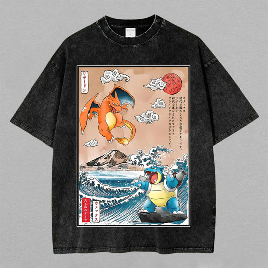 Charizard & Blastoise Pokémon Ukiyo-e Style | Retro Vintage Washed T-Shirt | Limited Edition Oversized Streetwear