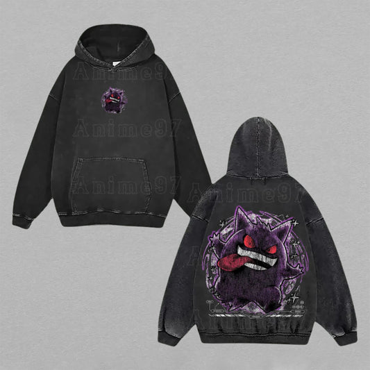 Gengar Pokémon Shadow Ghoul | Double-Sided Retro Vintage Washed Hoodie | Limited Edition Streetwear