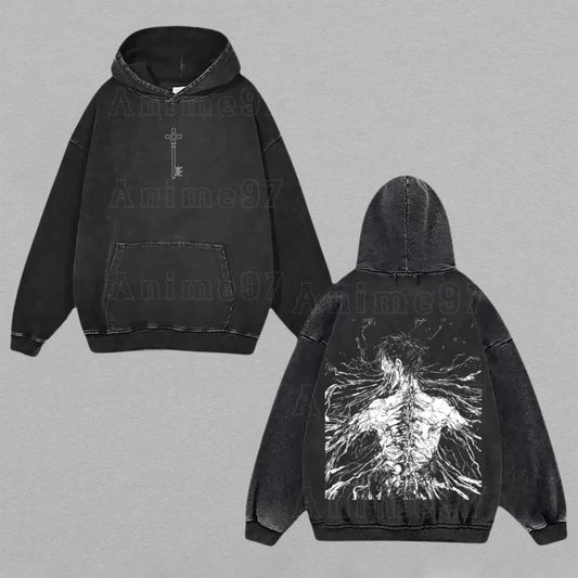 Eren Yeager Attack on Titan Founding Titan | Double-Sided Retro Vintage Washed Hoodie | Limited Edition Streetwear