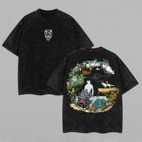 Studio Ghibli Anime World Collage Retro Vintage Washed T-Shirt Limited Oversized Streetwear Anime Graphic Tee Gift for Ghibli Fans