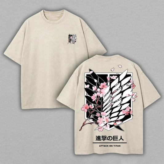 Wings of Freedom Attack on Titan Sakura | Retro Vintage Washed T-Shirt | Limited Edition Oversized Streetwear