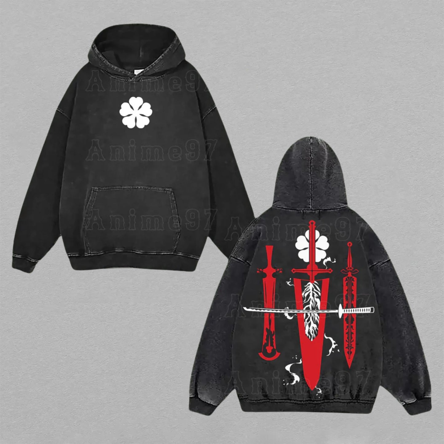 Asta Black Clover 5-Leaf Grimoire | Double-Sided Retro Vintage Washed Hoodie | Limited Edition Streetwear