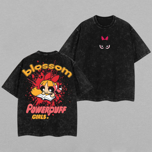Blossom Powerpuff Girls Cartoon Network | Retro Vintage Washed T-Shirt | Limited Edition Oversized Streetwear