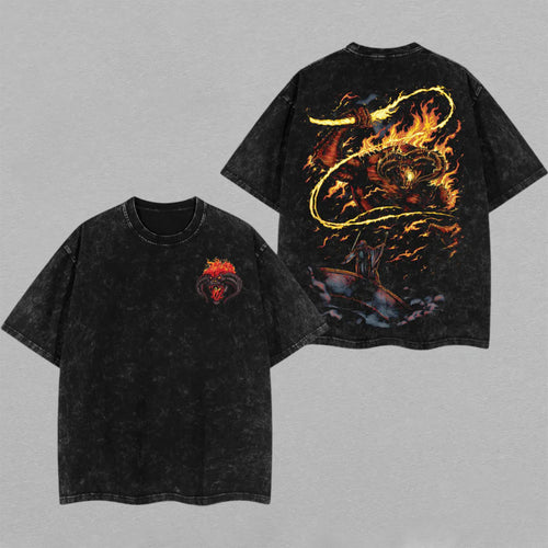 Balrog Lord of the Rings Flame Demon | Retro Vintage Washed T-Shirt | Limited Edition Oversized Streetwear
