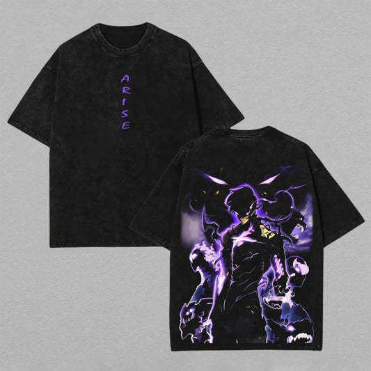 Sung Jinwoo Solo Leveling Shadow Monarch | Retro Vintage Washed T-Shirt | Limited Edition Oversized Streetwear