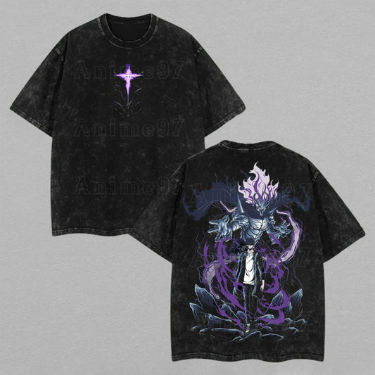 Sung Jin-Woo Solo Leveling Monarch of Shadows | Retro Vintage Washed T-Shirt | Limited Edition Oversized Streetwear