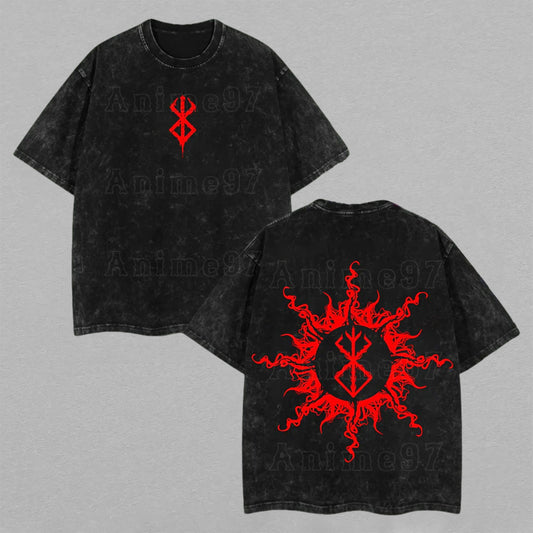 Berserk Brand of Sacrifice Sun Graphic | Retro Vintage Washed T-Shirt | Limited Edition Oversized Streetwear