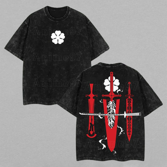 Asta Black Clover Five Leaf Swords | Retro Vintage Washed T-Shirt | Limited Edition Oversized Streetwear