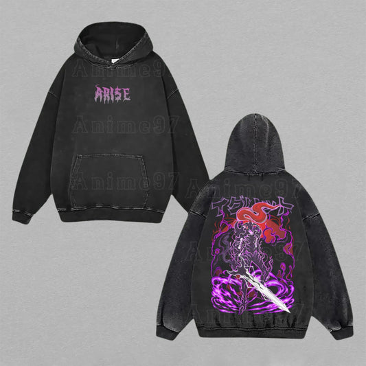 Sung Jinwoo Solo Leveling Arise Shadow Army | Double-Sided Retro Vintage Washed Hoodie | Limited Edition Streetwear