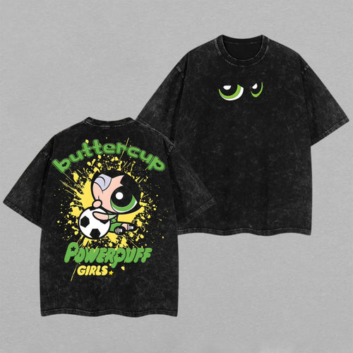 Buttercup Powerpuff Girls Soccer | Double-Sided Retro Vintage Washed T-Shirt | Limited Edition Streetwear