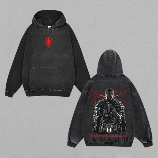 Guts Berserk The Black Swordsman | Double-Sided Retro Vintage Washed Hoodie | Limited Edition Streetwear