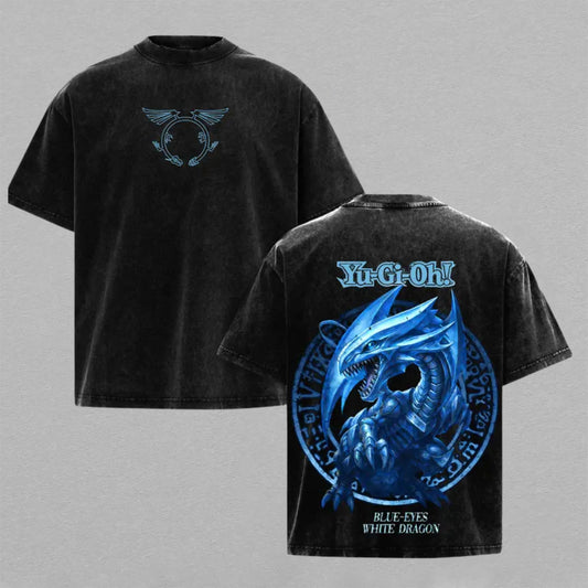 Blue Eyes White Dragon Yu-Gi-Oh Washed Oversized T-shirt Blue Monster Card Circle Back Print Vintage Heavyweight Cotton Anime Graphic Tee Streetwear Gift for Fans