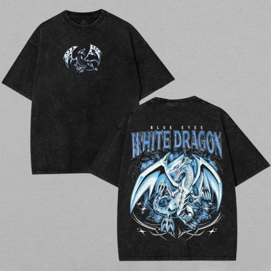Blue Eyes White Dragon Yu-Gi-Oh Washed Oversized T-shirt Ice Blue Dragon Back Print Vintage Heavyweight Cotton Anime Graphic Tee Streetwear Gift for Fans