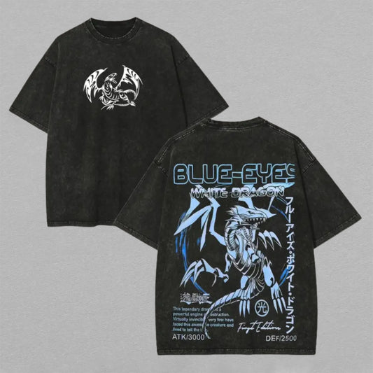 Blue Eyes White Dragon Yu-Gi-Oh Washed Oversized T-shirt Japanese Card Stats Back Print Vintage Heavyweight Cotton Anime Graphic Tee Streetwear Gift for Fans