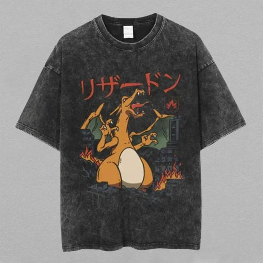 Charizard Pokémon Washed Oversized T-shirt Japanese Monster City Fire Graphic Tee Vintage Heavyweight Cotton Anime Streetwear Gift for Charizard Fans