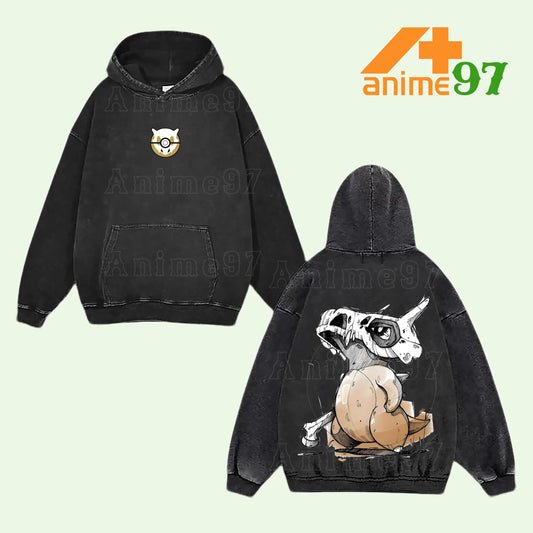 Cubone Lonely Pokémon Skull & Bone Retro Vintage Washed Graphic Hoodie - Limited Edition Streetwear Oversized Aesthetic Pullover - Premium Double Sided Marowak Soul Pokeball Print