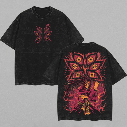 Retro Vintage Limited Kokushibo Washed T-Shirt Demon Slayer Anime Graphic Tee Oversized Streetwear Gift for Anime Fans
