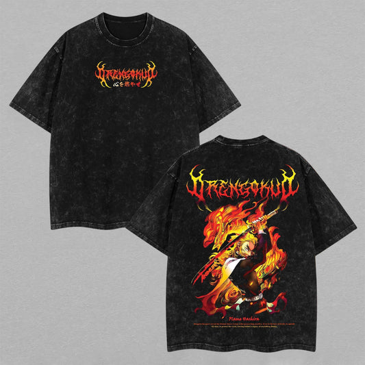 Retro Vintage Limited Kyojuro Rengoku Washed T-Shirt Demon Slayer Anime Graphic Tee Oversized Streetwear Gift for Anime Fans