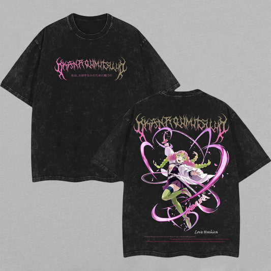 Retro Vintage Limited Mitsuri Kanroji Washed T-Shirt Demon Slayer Anime Graphic Tee Oversized Streetwear Gift for Anime Fans