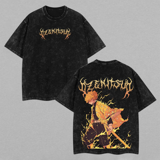 Retro Vintage Limited Zenitsu Agatsuma Washed T-Shirt Demon Slayer Anime Graphic Tee Oversized Streetwear Gift for Anime Fans
