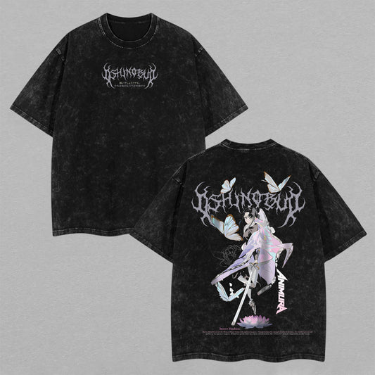Retro Vintage Limited Shinobu Kocho Washed T-Shirt Demon Slayer Anime Graphic Tee Oversized Streetwear Gift for Anime Fans