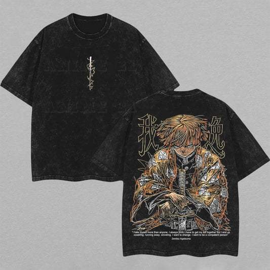 Retro Vintage Limited Zenitsu Agatsuma Washed T-Shirt Demon Slayer Anime Graphic Tee Oversized Streetwear Gift for Anime Fans