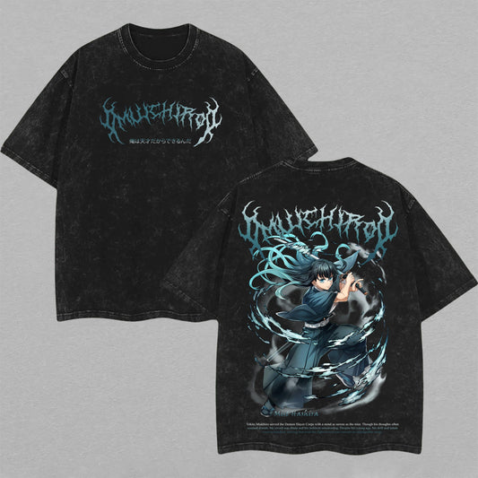 Retro Vintage Limited Muichiro Tokito Washed T-Shirt Demon Slayer Anime Graphic Tee Oversized Streetwear Gift for Anime Fans