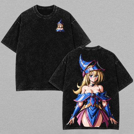 Dark Magician Girl Yu-Gi-Oh Washed Oversized T-shirt Blue Pink Spellcaster Back Print Vintage Heavyweight Cotton Anime Graphic Tee Streetwear Gift for Fans