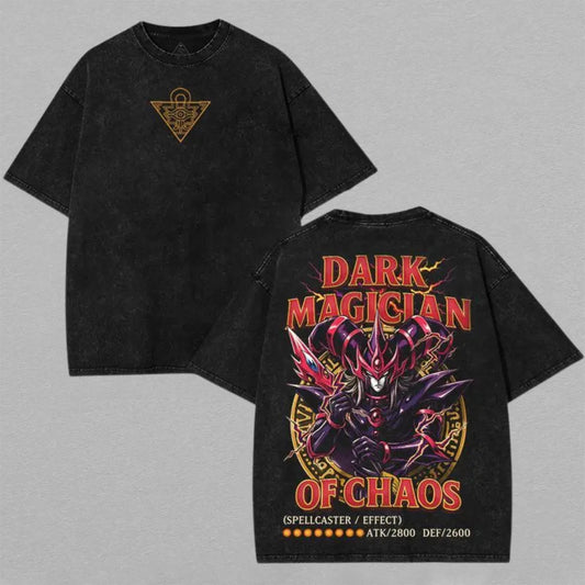 Dark Magician of Chaos Yu-Gi-Oh Washed Oversized T-shirt Spellcaster Effect Card Back Print Vintage Heavyweight Cotton Anime Graphic Tee Streetwear Gift for Fans