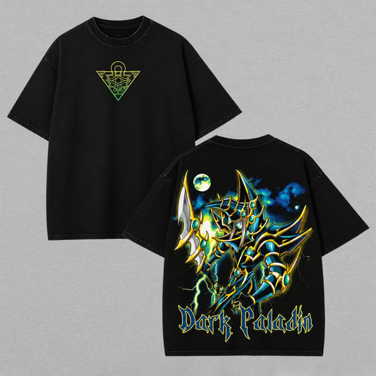 Dark Paladin Yu-Gi-Oh Washed Oversized T-shirt Millennium Puzzle Lightning Moon Back Print Vintage Heavyweight Cotton Anime Graphic Tee Streetwear Gift for Fans