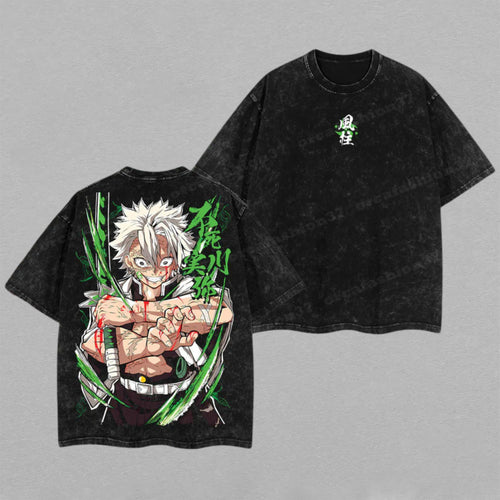 Sanemi Shinazugawa Demon Slayer Wind Hashira | Double-Sided Retro Vintage Washed T-Shirt | Limited Edition Streetwear