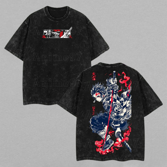 Tanjiro Kamado Demon Slayer Hinokami Kagura | Retro Vintage Washed T-Shirt | Limited Edition Oversized Streetwear